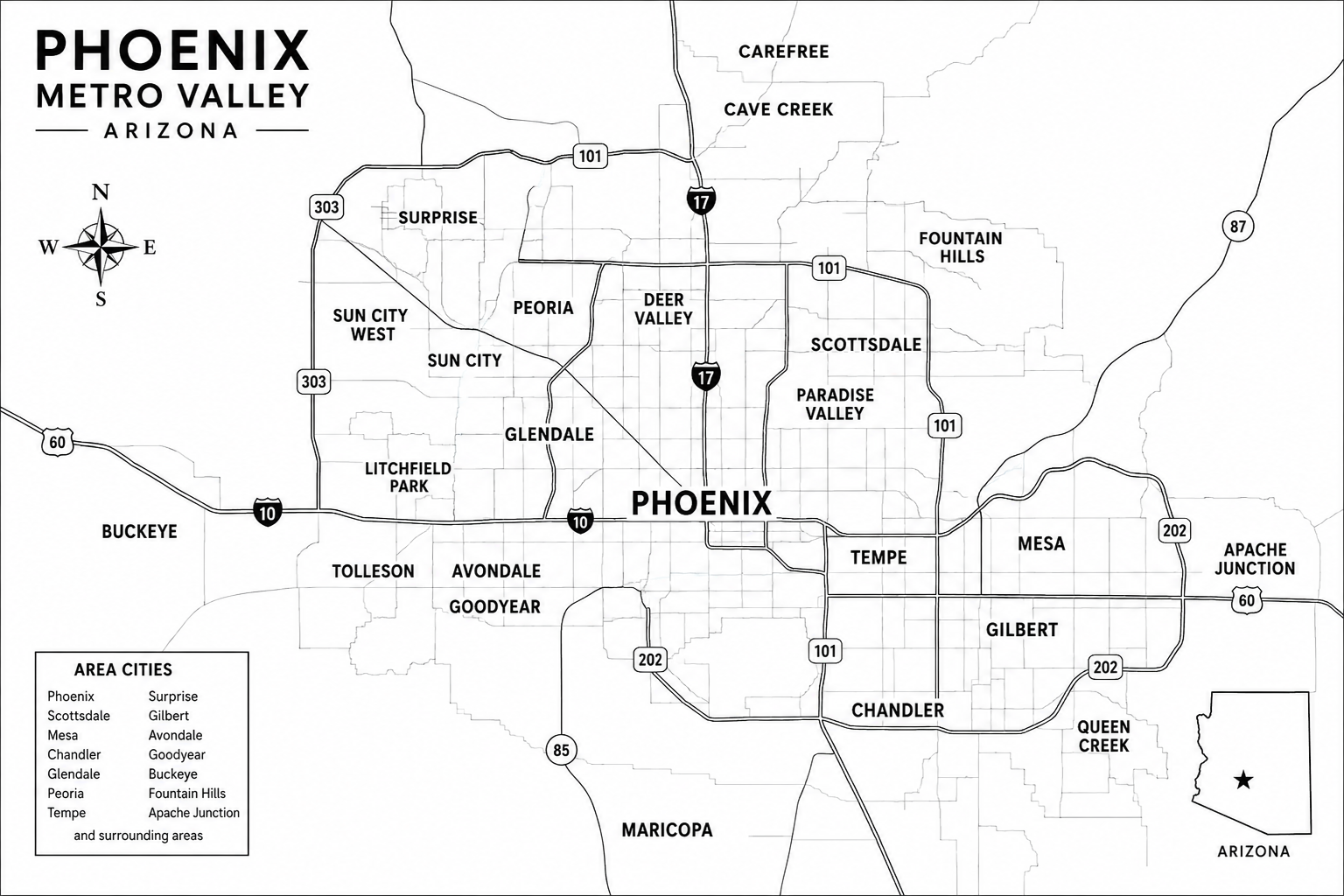 Map of the Phoenix Metro Valley showing service area cities and highways